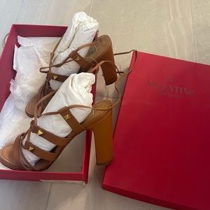 Valentino tan rock stud ankle tie block heel sandals